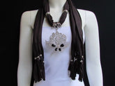Women Soft Brown Scarf Necklace Wrap Silver Flowers Butterfly Pendant