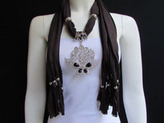 Women Soft Brown Scarf Necklace Wrap Silver Flowers Butterfly Pendant