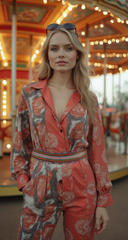 Women Narrow Artsy Belt Elastic Coral White Beads Waistband Art Deco Look S M