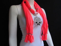 Women Bright Coral Chic Fashion Scarf Silver Flowers Butterfly Pendant