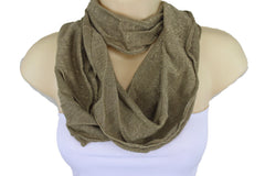 New Women Stylish Beige Fabric Wrap Tie Fashion Scarf Gold Sparkling Shiny Long