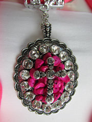 Women Super Fashion Long Pink Beads Scarf Warp Rhinestones Cross Pendant