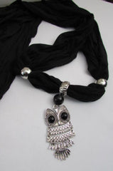 Women Black Scarf Fashionable Necklace Super Soft Fabric Owl Pendant Charm