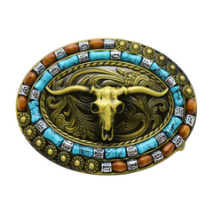 New Men Women Rusty Gold Metal Buckle Western Fashion Bull Long Horns Cow Texas TX