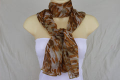 Women Fashion Beige Long Fabric Scarf Wide Orange Floral Neck Tie Wrap Stripes