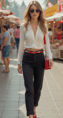 New Women Red Skinny Braided Jeans Pants Loop Belt Silver Metal Hook Buckle M