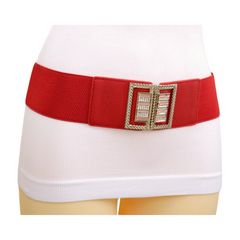 Women Real Red Color Elastic Wide Fashion Belt Bling Metal Square Buckle Fit S M