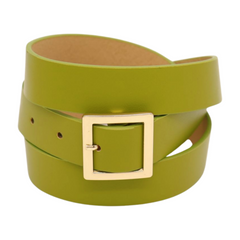 Women Green Color Faux Leather Skinny Premium Style Belt Gold Square Buckle S M