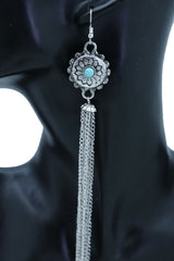 Women Earrings Set Fashion Jewelry Long Silver Metal Tassel Chains Flower Charm