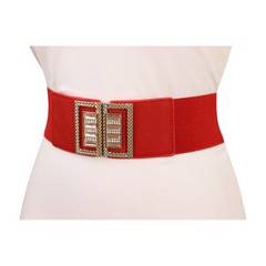 Women Real Red Color Elastic Wide Fashion Belt Bling Metal Square Buckle Fit S M