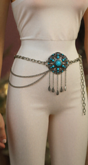 Women Silver Metal Chain Bohemian Belt Turquoise Blue Beads Flower Charm M L XL