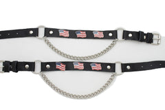 New Men Women Biker Silver Boots Chains Straps Pair Black Leather American Flag Charms USA