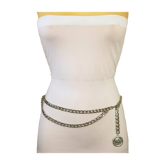 Women Silver Metal Chain Link Belt Hip High Waist Medallion Coin Charm M L XL