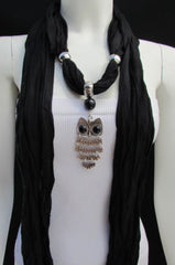 Women Black Scarf Fashionable Necklace Super Soft Fabric Owl Pendant Charm