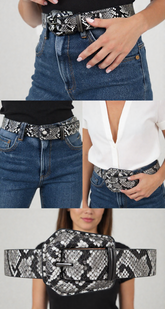 Women Black White Faux Leather Snake Skin Print Band Holidays Belt Buckle S M