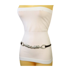 Women Black Band Narrow Day Night Wear Belt Silver Metal Lizard Charm XS S M L