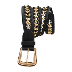 Women Black Waistband Hip High Waist Fashion Belt Gold Metal Chain Buckle S M