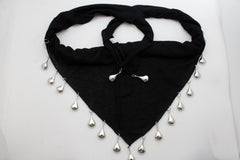 Fun Women Fashion Short Black Tie Necklace Soft Scarf Silver Drop Charms Pendant