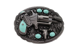 New Men Western Buckle Dark Silver Color Metal Revolver Gun Feather Bull Turquoise