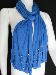 Women Chic Soft Fabric Fashion Blue Scarf Long Necklace Silver Metal Stars Studs