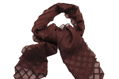 women Stylish Long Neck Tie Wrap Scarf Geometric Mosaic Plaid Brown Color
