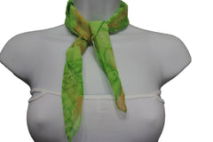 Women Chic Fashion Green Small Neck Scarf Fabric Square Print Orange Flowers