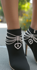 Elegant Silver Metal Chain Boot Bracelet Shoe Anklet Bling Heart Charm SET 2PCS