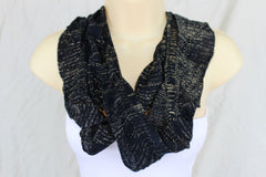 New Women Stylish Black Fabric Wrap Tie Fashion Scarf Gold Sparkling Shiny Long