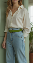 Women Green Color Faux Leather Skinny Premium Style Belt Gold Square Buckle S M