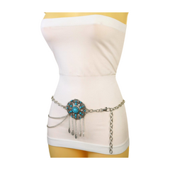 Women Silver Metal Chain Bohemian Belt Turquoise Blue Beads Flower Charm M L XL