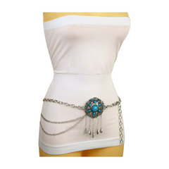 Women Silver Metal Chain Bohemian Belt Turquoise Blue Beads Flower Charm M L XL