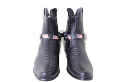 New Men Women Biker Silver Boots Chains Straps Pair Black Leather American Flag Charms USA