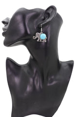 Women Earrings Set Ethnic Silver Metal Indian Elephant Jewelry Turquoise Blue