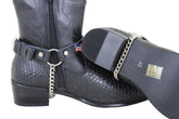 New Men Women Biker Silver Boots Chains Straps Pair Black Leather American Flag Charms USA