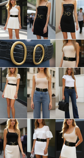 Women Black Faux Leather Waistband Waist Hip Belt Antique Gold Double Buckle S M