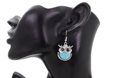 Women Earrings Set Silver Metal Owl Bird Western Jewelry Turquoise Blue Bead