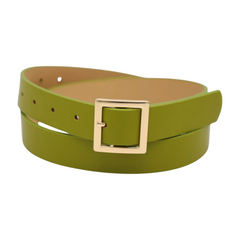 Women Green Color Faux Leather Skinny Premium Style Belt Gold Square Buckle S M