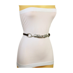 Women Black Band Narrow Day Night Wear Belt Silver Metal Lizard Charm XS S M L