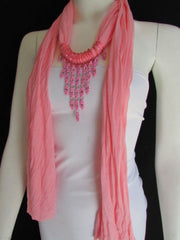 WOMEN L. PINK SOFT SCARF LONG NECKLACE TRIANGLE BIG RHINESTONES PENDANT