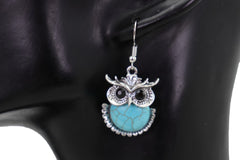 Women Earrings Set Silver Metal Owl Bird Western Jewelry Turquoise Blue Bead