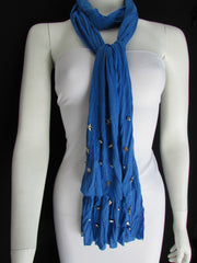 Women Chic Soft Fabric Fashion Blue Scarf Long Necklace Silver Metal Stars Studs