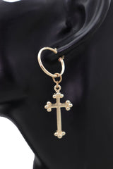 Women Gold Metal Cute Religious Fashion Jewelry Dangle Earrings Christian Cross