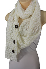 Women Long White Necklace Soft Scarf Fashion Winter Knit Soft Fabric 3 Buttons