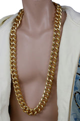 Men Long Metal Chain Chunky Thick Link Biker Fashion Jewelry Necklace Gold Plated