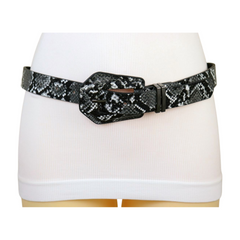 Women Black White Faux Leather Snake Skin Print Band Holidays Belt Buckle S M