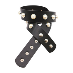 Women Black Faux Leather Dance Elegant Party Belt Imitation Pearl Beads Size S M