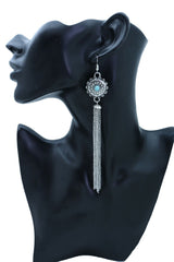 Women Earrings Set Fashion Jewelry Long Silver Metal Tassel Chains Flower Charm