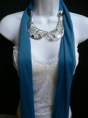 Women Royal Blue Perfect Scarf Necklace Silver Metal Flowers Collar Pendant