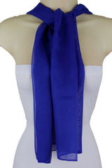 Women Long Neck Sheer Solid Fabric Geometric Blue Fashion Scarf Wrap Sash Tie