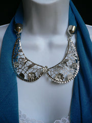 Women Royal Blue Perfect Scarf Necklace Silver Metal Flowers Collar Pendant